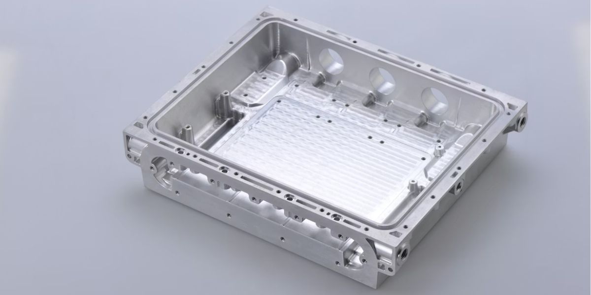 AL6061 CNC milled aluminum enclosure with internal cooling channels and threaded bosses — precision machined in Vietnam by VNcontX, ±0.005mm tolerance