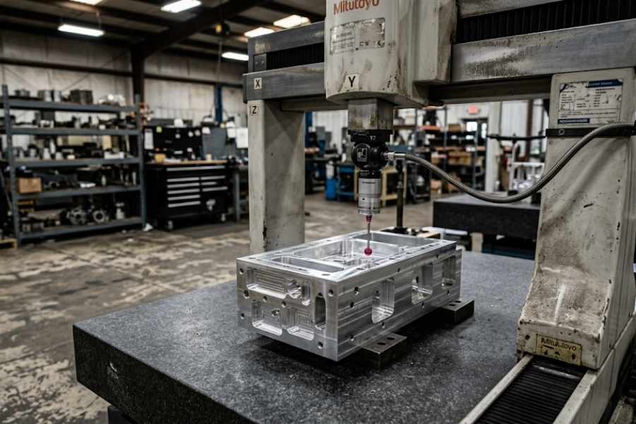 CMM equipment measuring aluminum CNC machined part on granite table VNcontX Vietnam