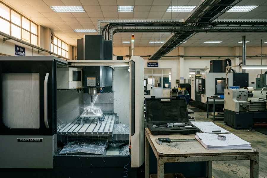 CNC machining quality inspection workshop Vietnam — 5-axis milling and precision measurement