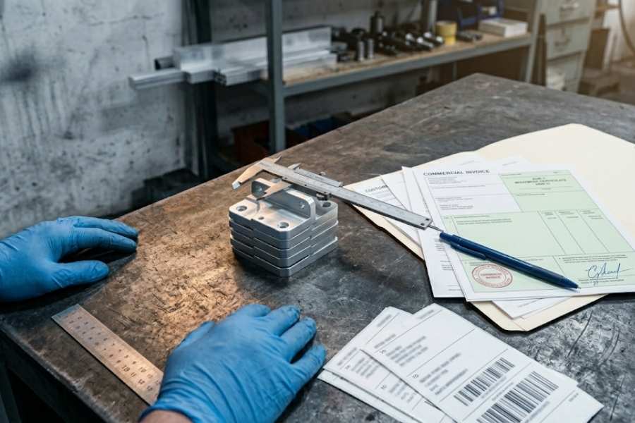 EVFTA certificate of origin and EUR.1 document with precision CNC machined aluminium part on inspection bench — Vietnam export compliance