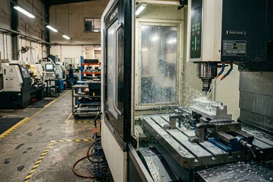 CNC machining facility Vietnam — DMG Mori 5-axis machine cutting aluminum, VNcontX workshop Bình Chánh District Ho Chi Minh City