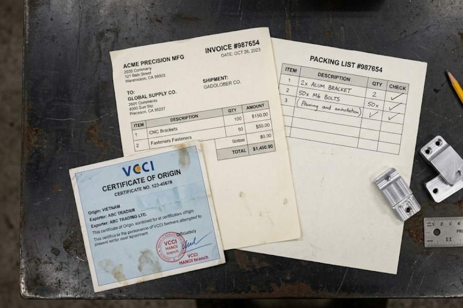 Vietnam export shipping documents — commercial invoice, packing list, VCCI certificate of origin for US importers, VNcontX Ho Chi Minh City
